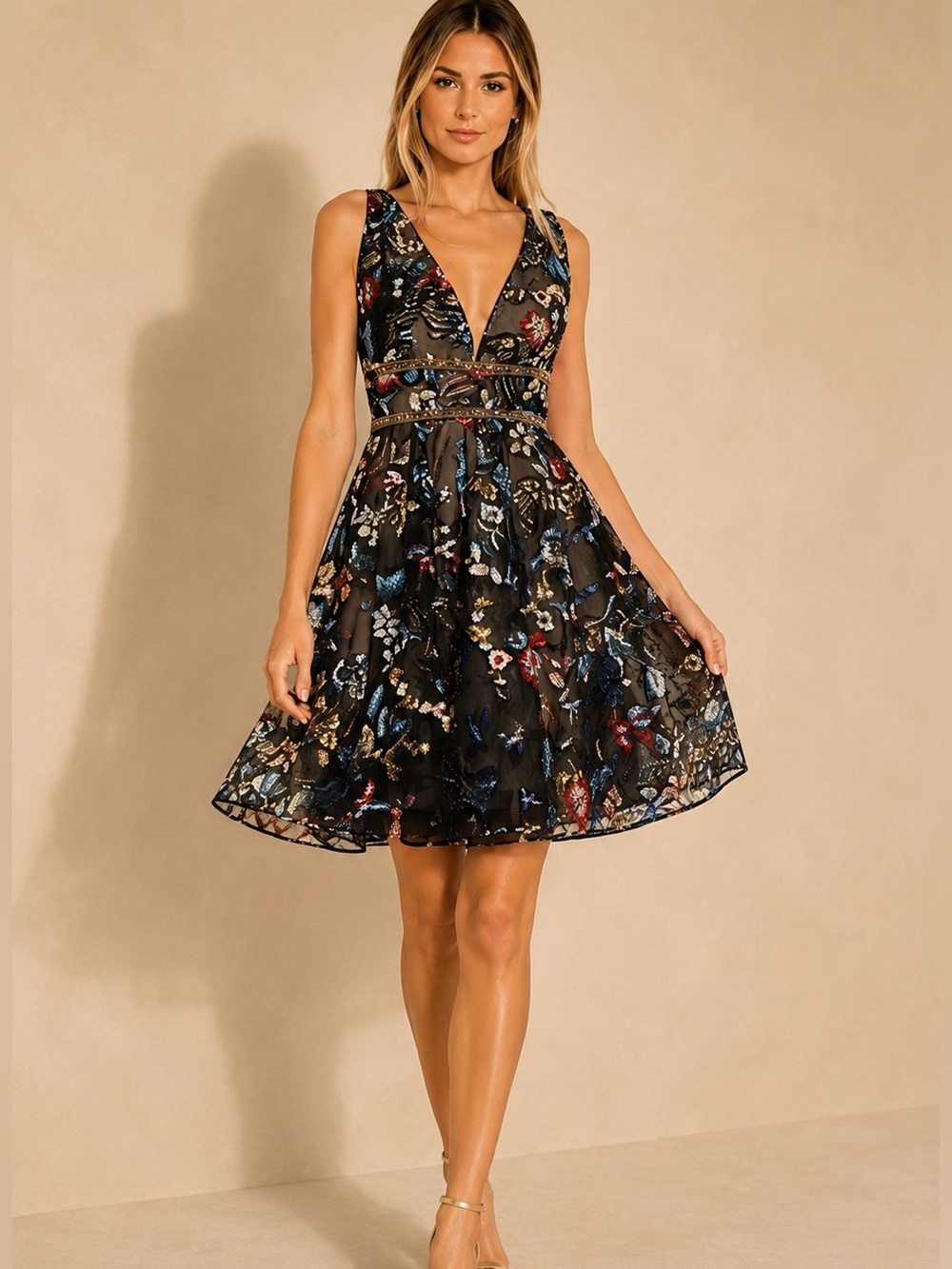 Bronx and Banco Paradise Flare Sequin Floral Dress XS Fairycore Cocktail